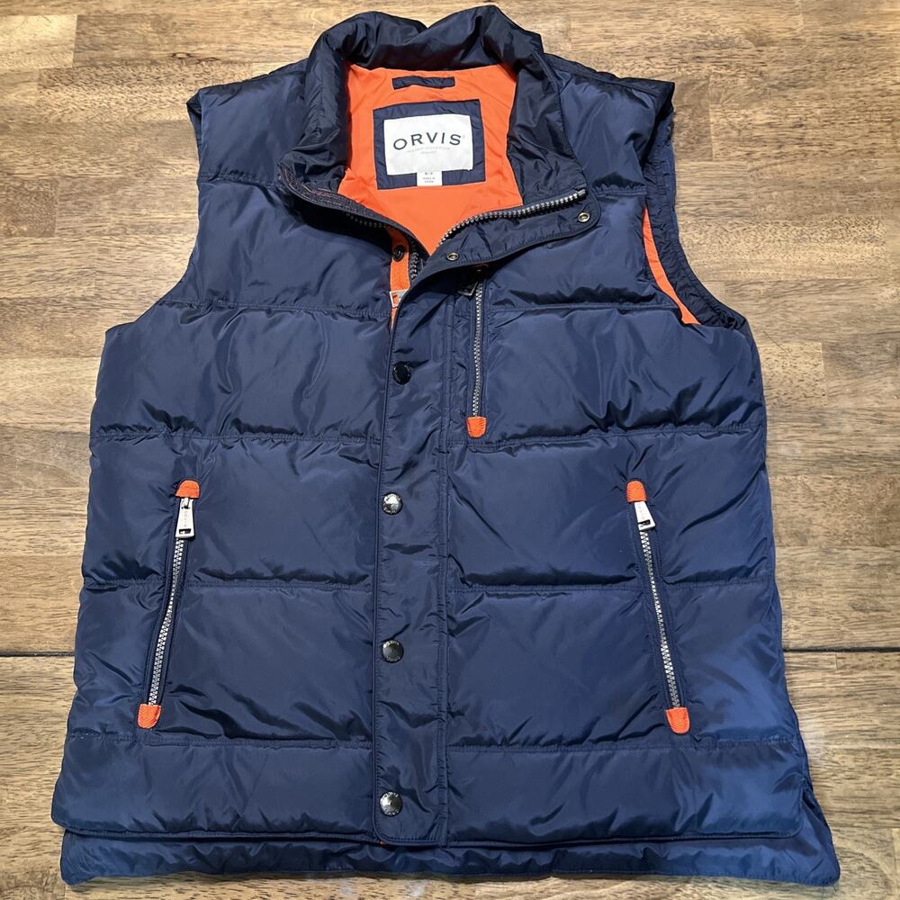 Orvis Vest Men's Med Navy Blue Essex Duck Down Puffer Full Zip Cinchable Waist